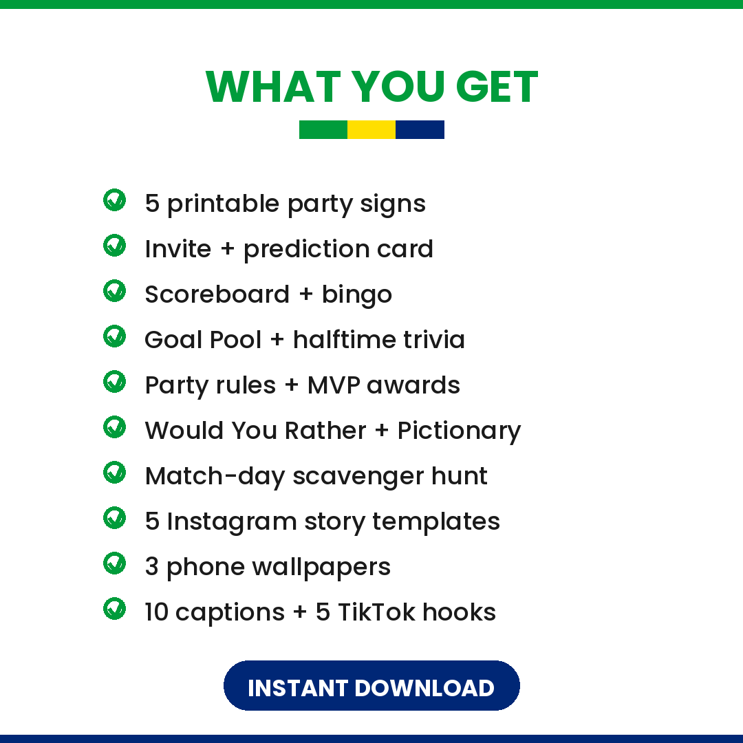 Brazil Soccer Fan Party Kit — Printable Watch Party Decorations & Games