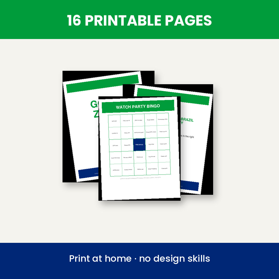 Brazil Soccer Fan Party Kit — Printable Watch Party Decorations & Games